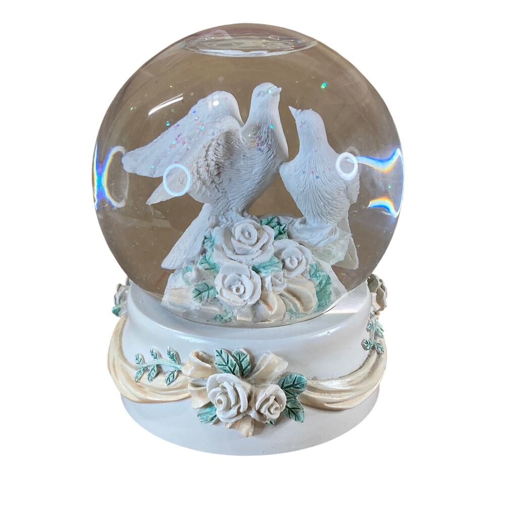 Vintage 90s San Francisco Music Box Co. Two White Doves Snow Globe Bridal WORKS